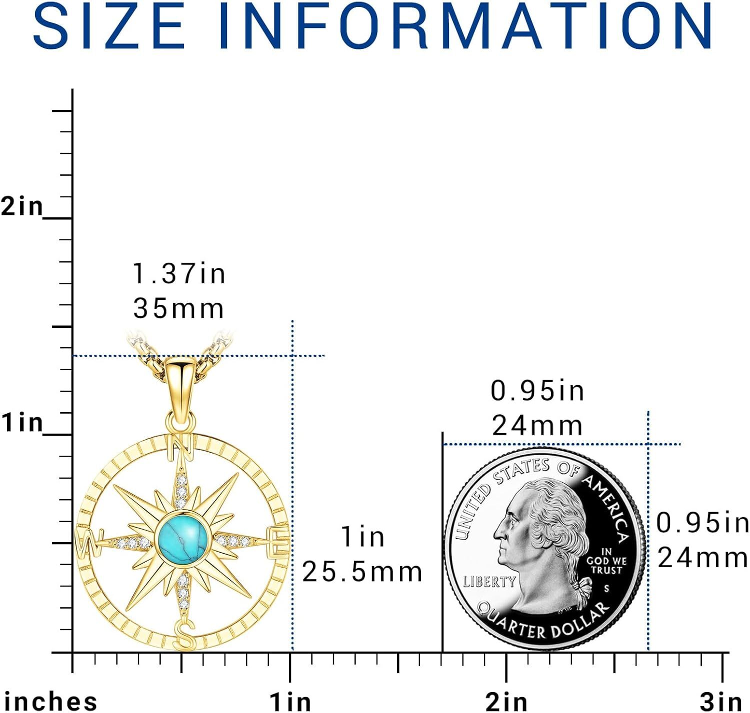 14k Gold Plated Compass Necklace Sterling Silver Turquoise Graduation Pendants
