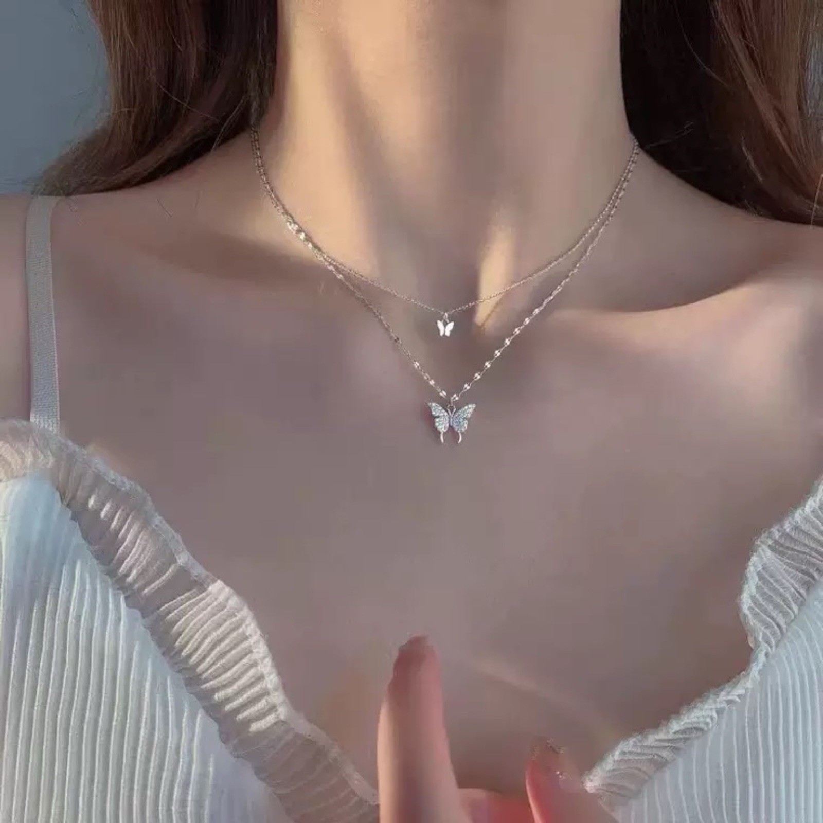 925 Silver Plated Double Butterfly Zircon Necklace Clavicle Jewelry A87