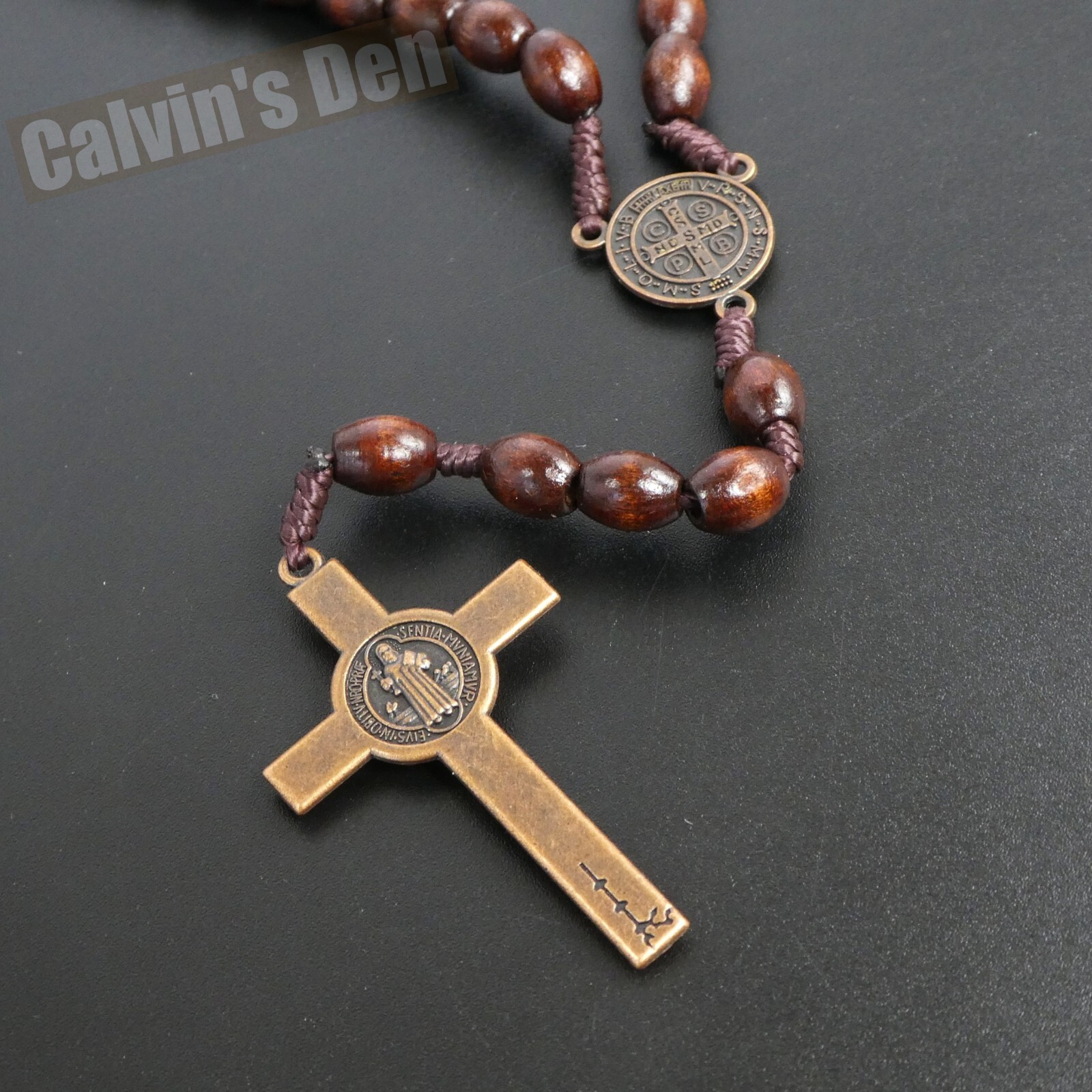 Coffee Brown Oval Wood Bead Antique Brass Crucifix Rosary Necklace Five Decade