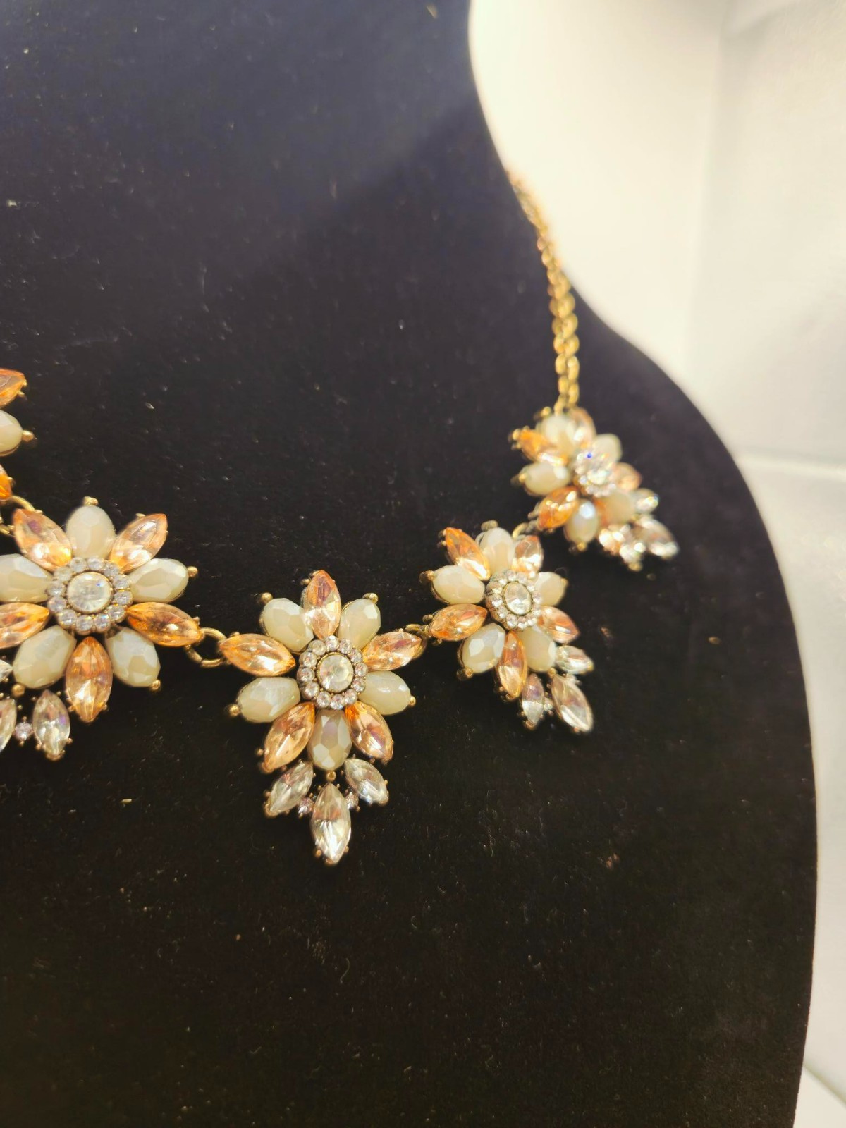 J.Crew Gold Tone Peach & Cream Crystal Floral Bib Statement Necklace