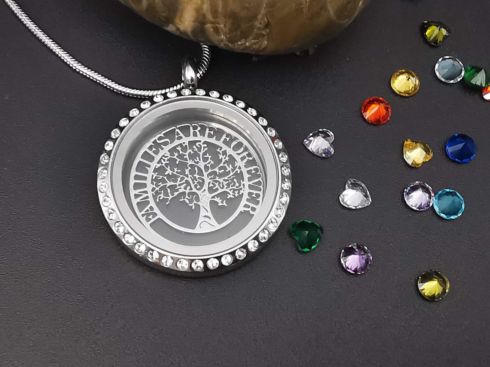 Family Tree of Life Necklace, Floating Locket with 24 Birthstones