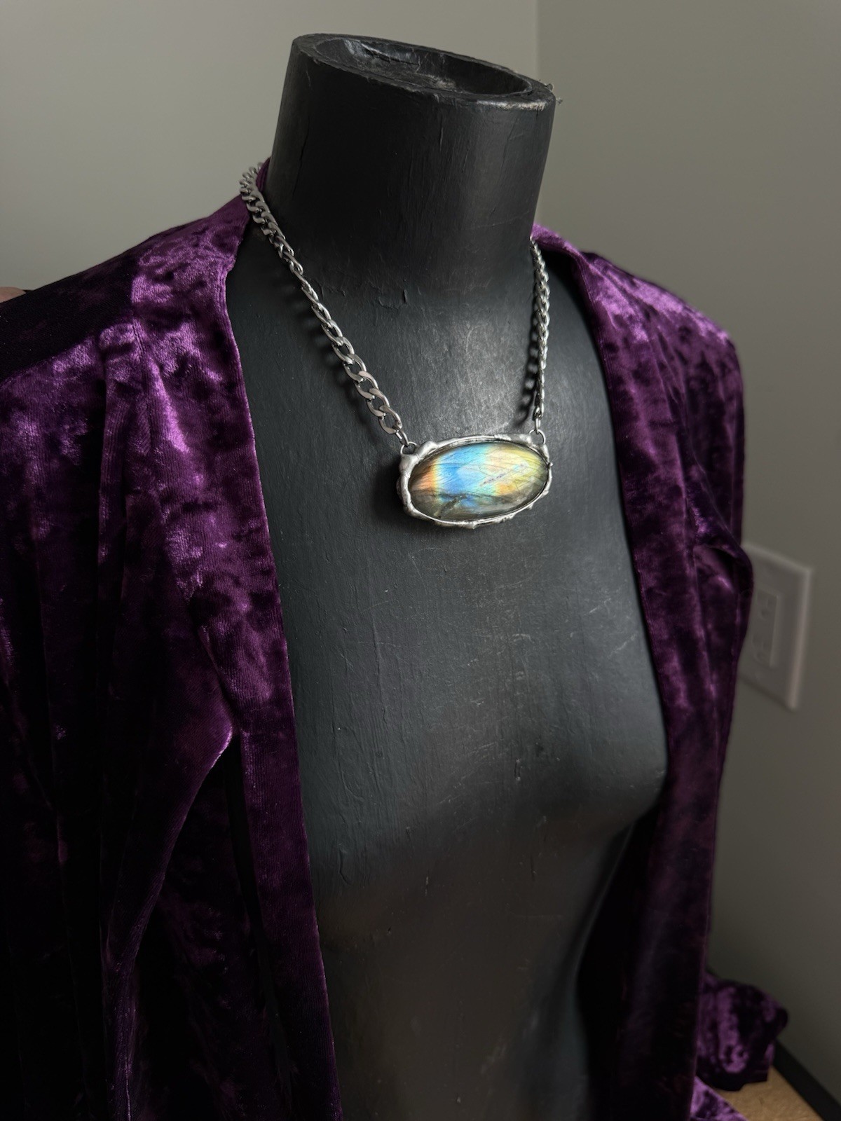 Labradorite Crystal Gemstone Necklace Pendant Statement Jewelry Rocker Biker