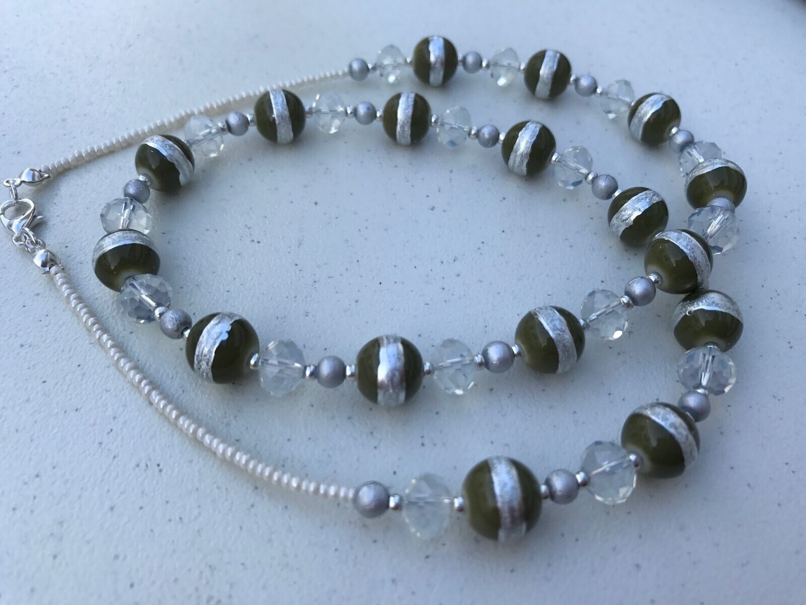 Handmade Necklace of Round Olive Green and Silver Glass Beads with Clear Glass