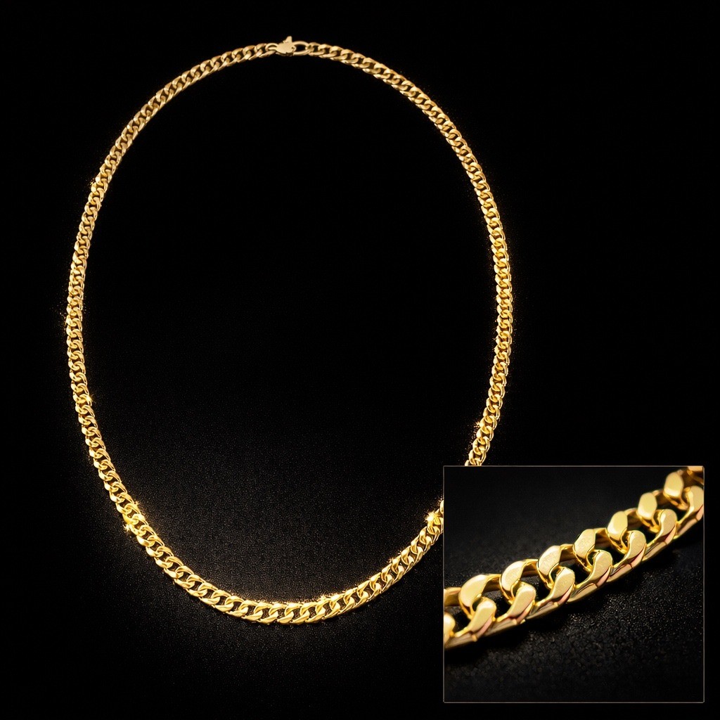 Unisex Gold Tone Curb Flat Chain Necklace High Polish 18″ Smooth Comfort