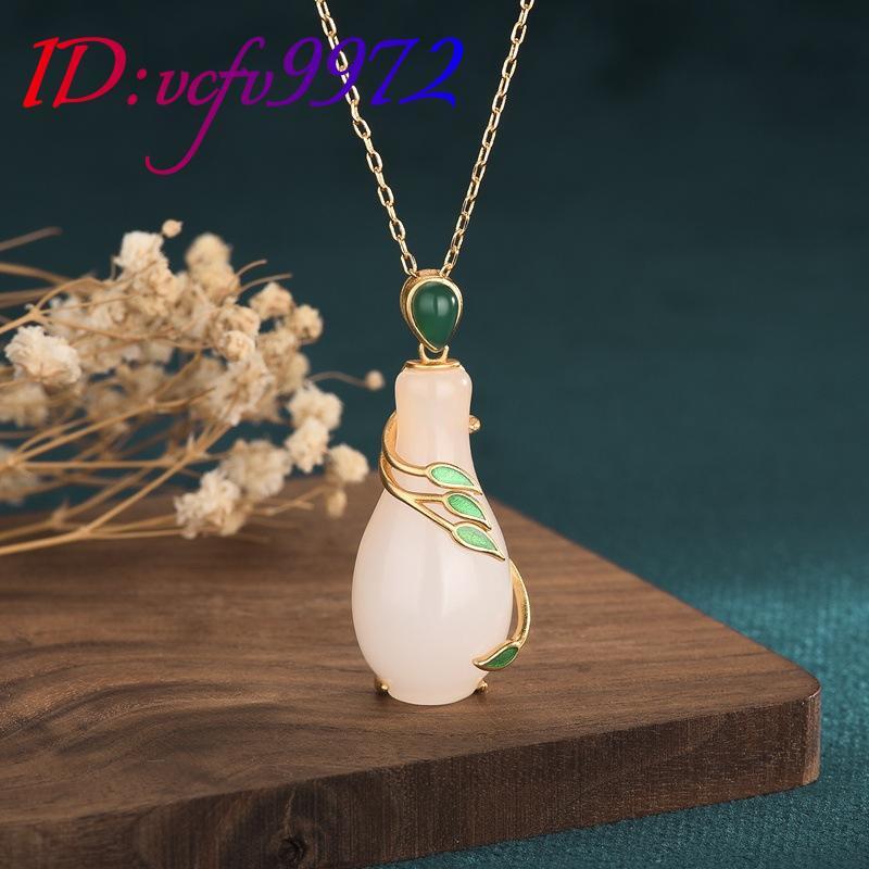 White Natural Jade Vase Pendant Necklace Real Jewelry 18K Gold Plated Designer