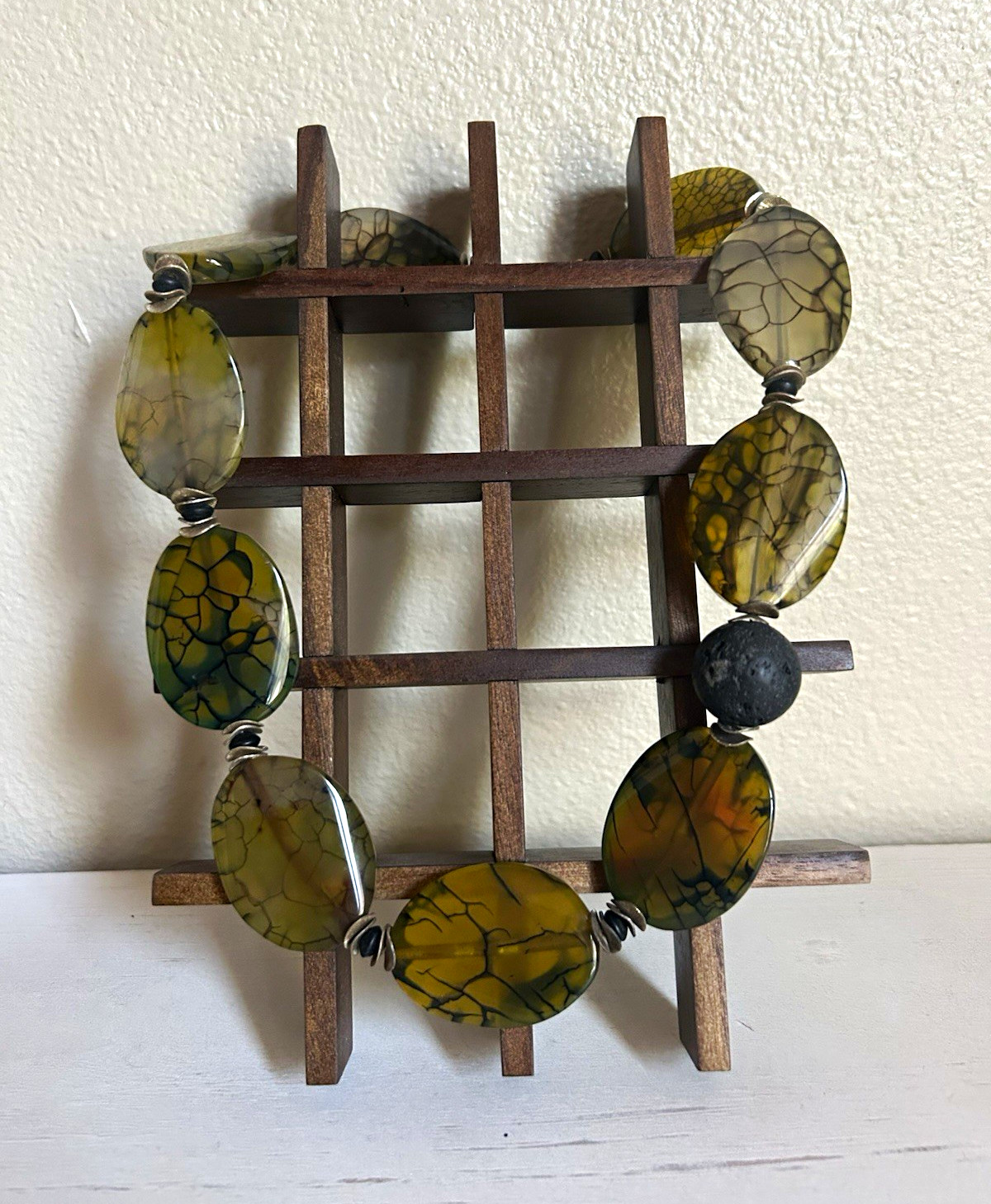 Green Serpentine Lava rock Sterling Silver Beaded Necklace, 18 inches, Clasp