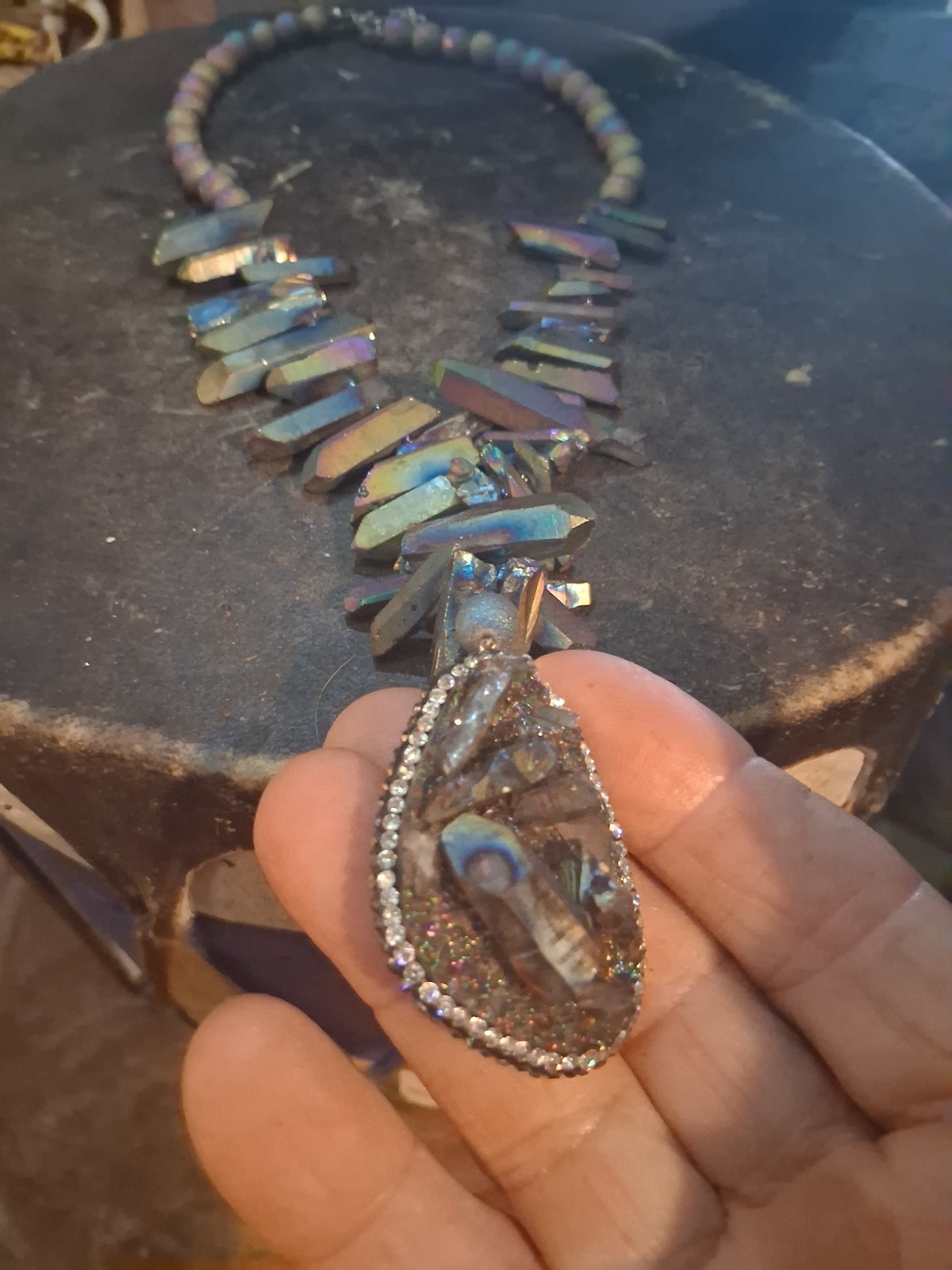 **EXCELLENT RAINBOW TITANIUM QUARTZ CRYSTAL NECKLACE & PENDANT NICE!!*