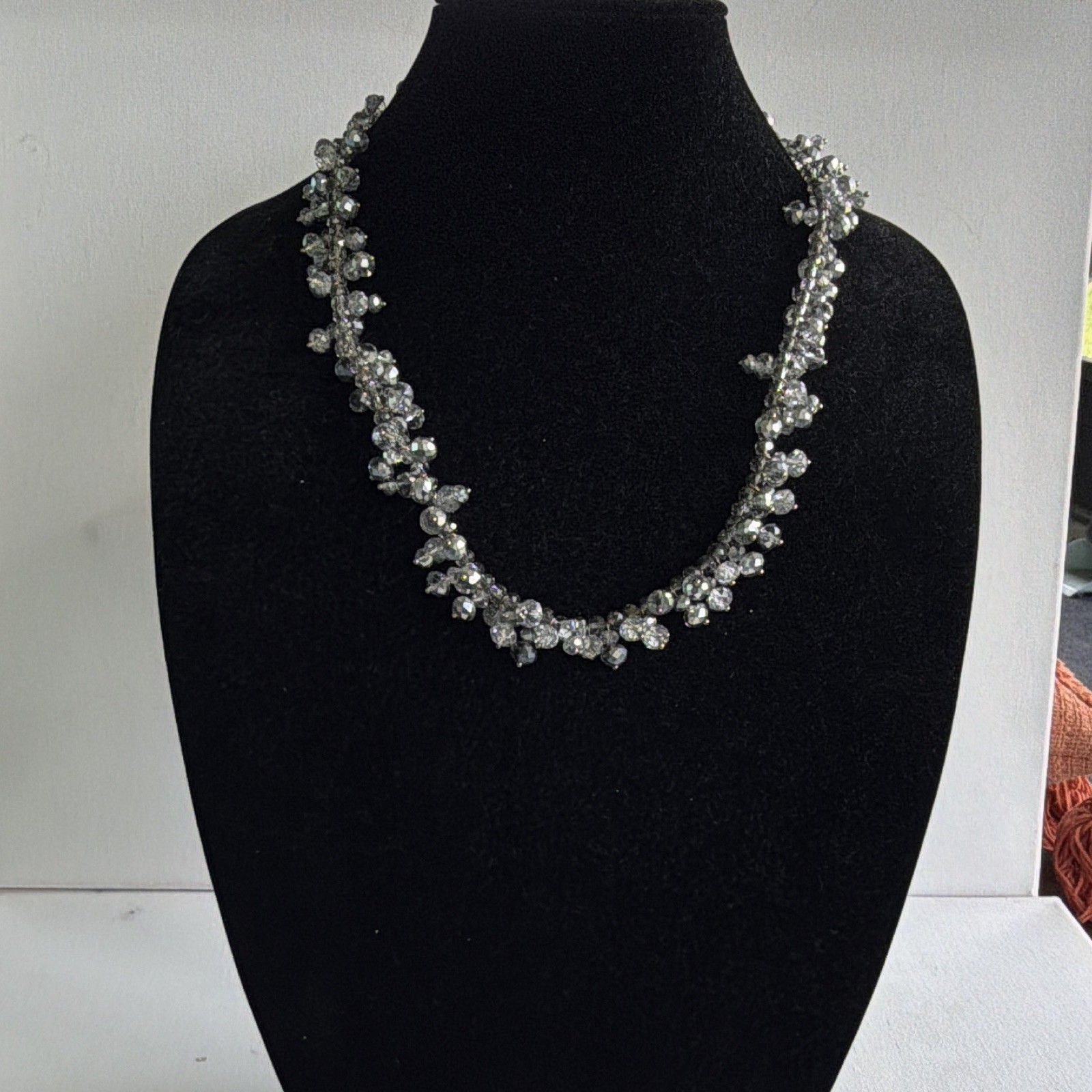 Clear Crystal Faceted Beaded Statement Chain Necklace, Round White/Colorless