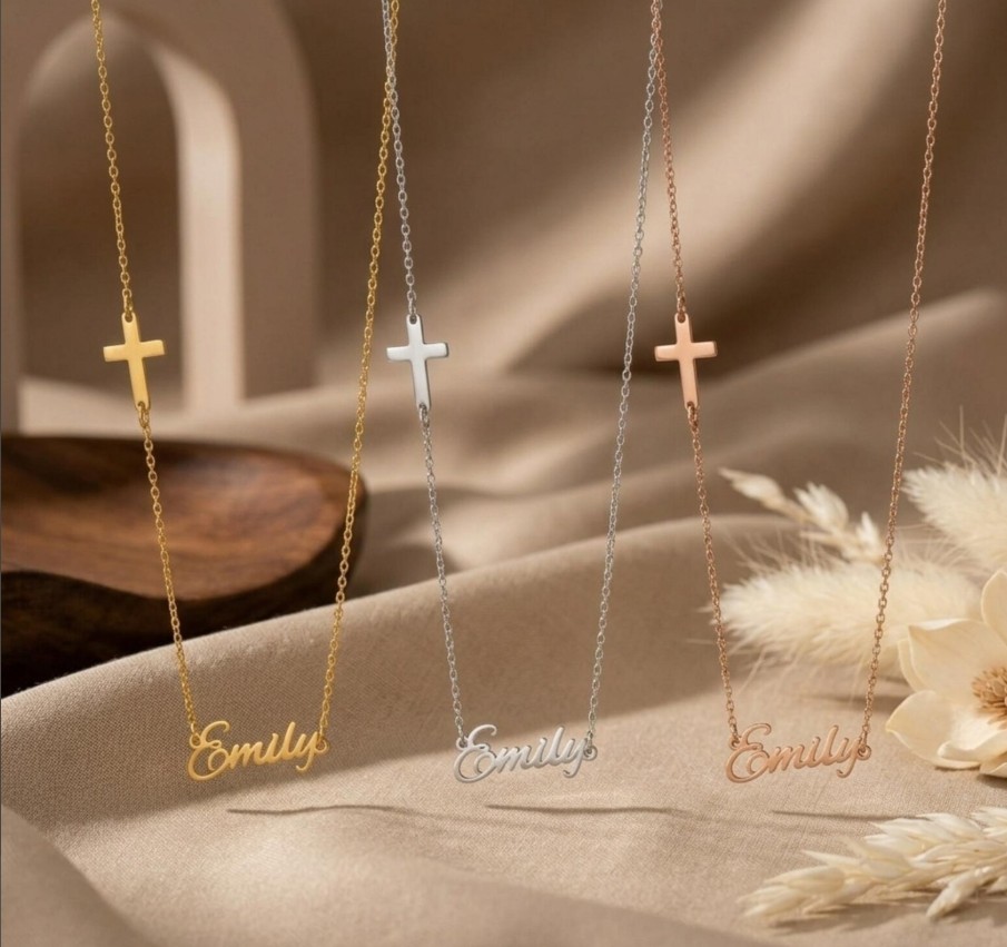Custom Sideways Cross Necklace Personalized Cross Name Necklace Baptism Gift