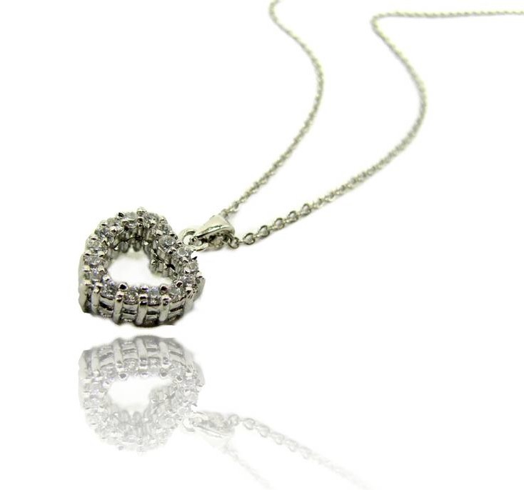 Cubic Zirconia Double Sided Heart Pendant Necklace with Clear Stones – NEW