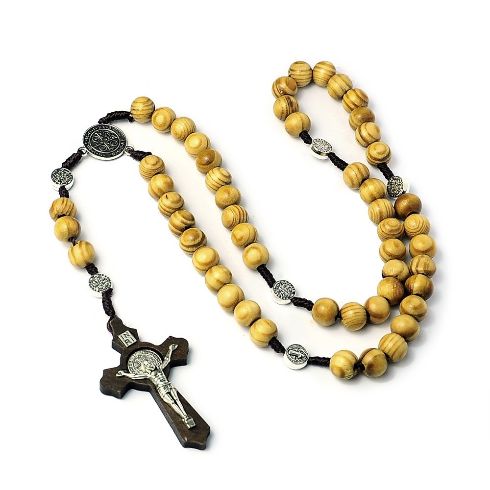 10mm Wood Beads Rosary Cross Necklace for Women Men Christian Virgin Mary Inri P