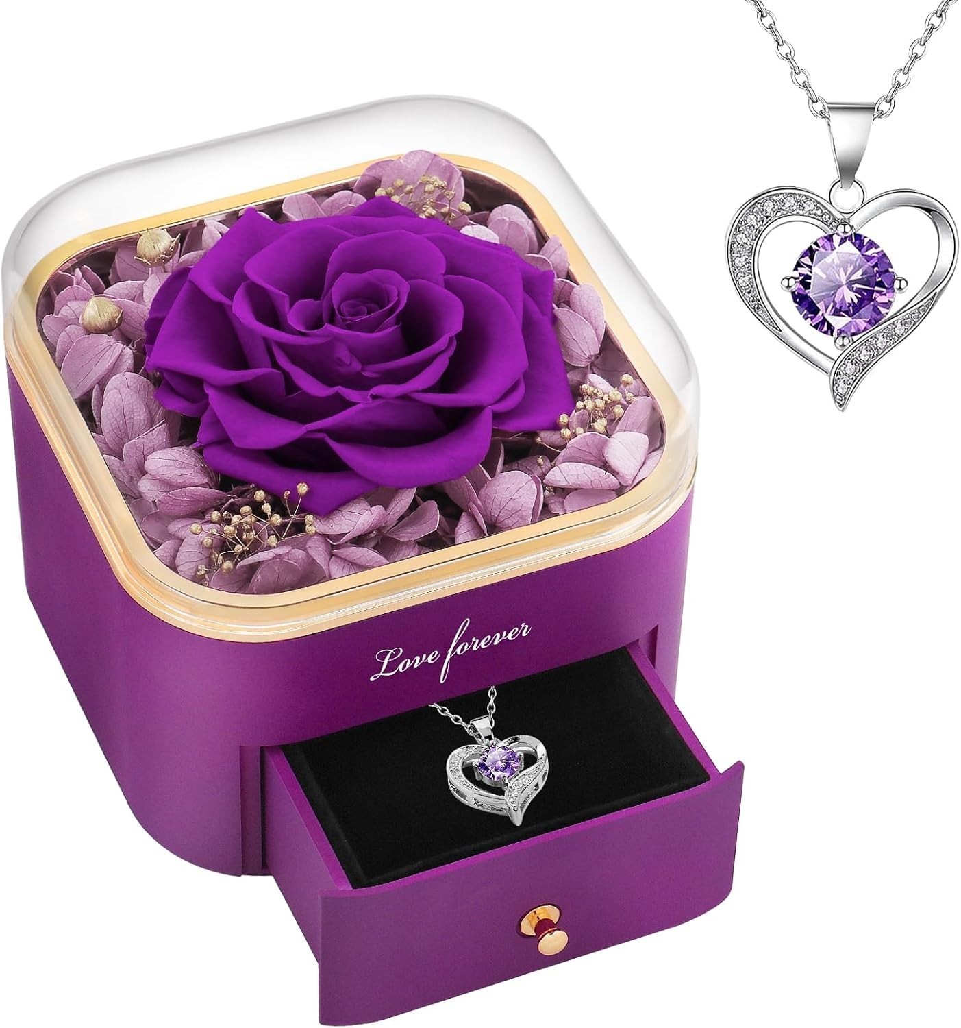Preserved Real Purple Rose w/ Necklace – Eternal Valentine Birthday Gift for Her