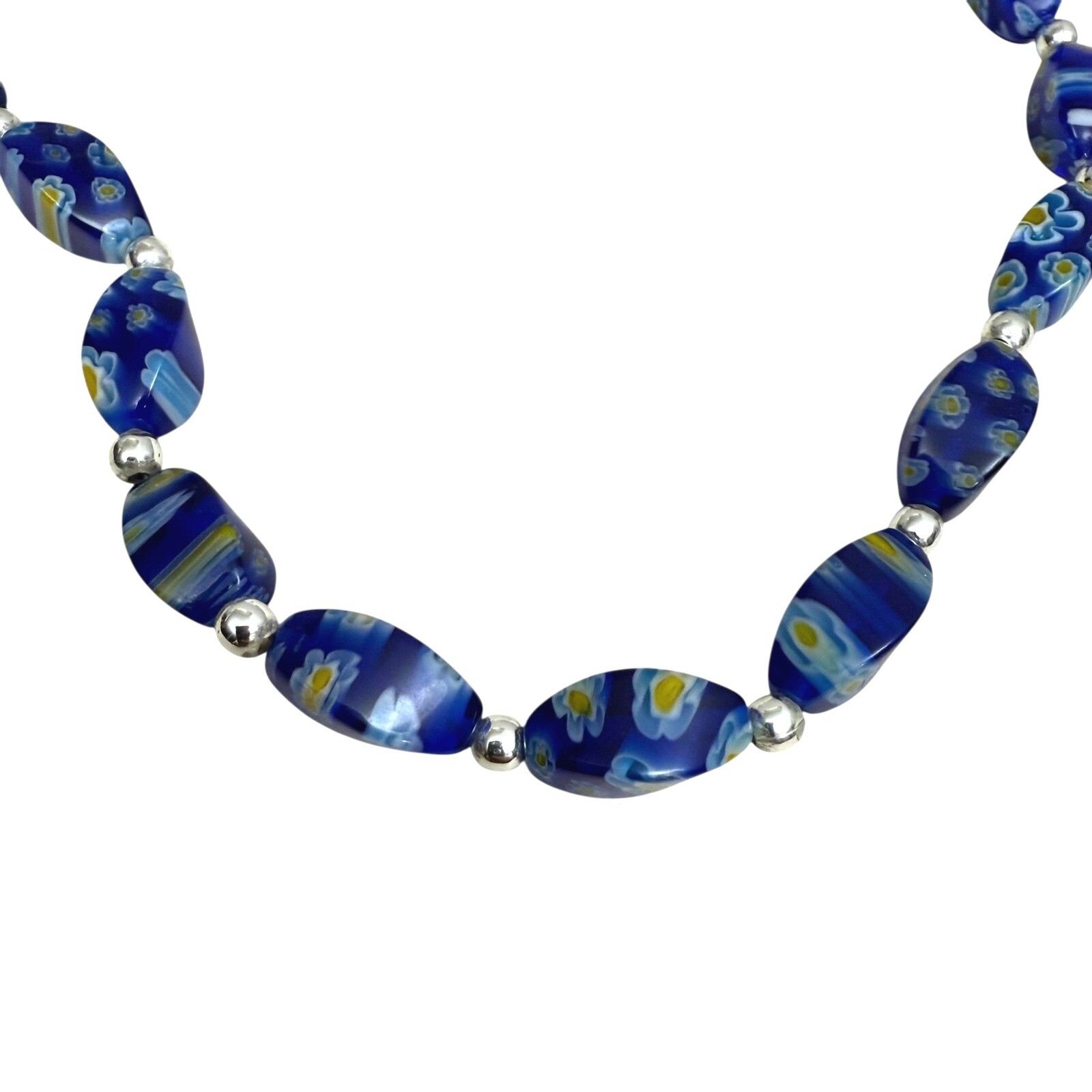 925 Silver Blue Millefiori Glass Beaded Necklace Floral Collar Accent 7.5 in L