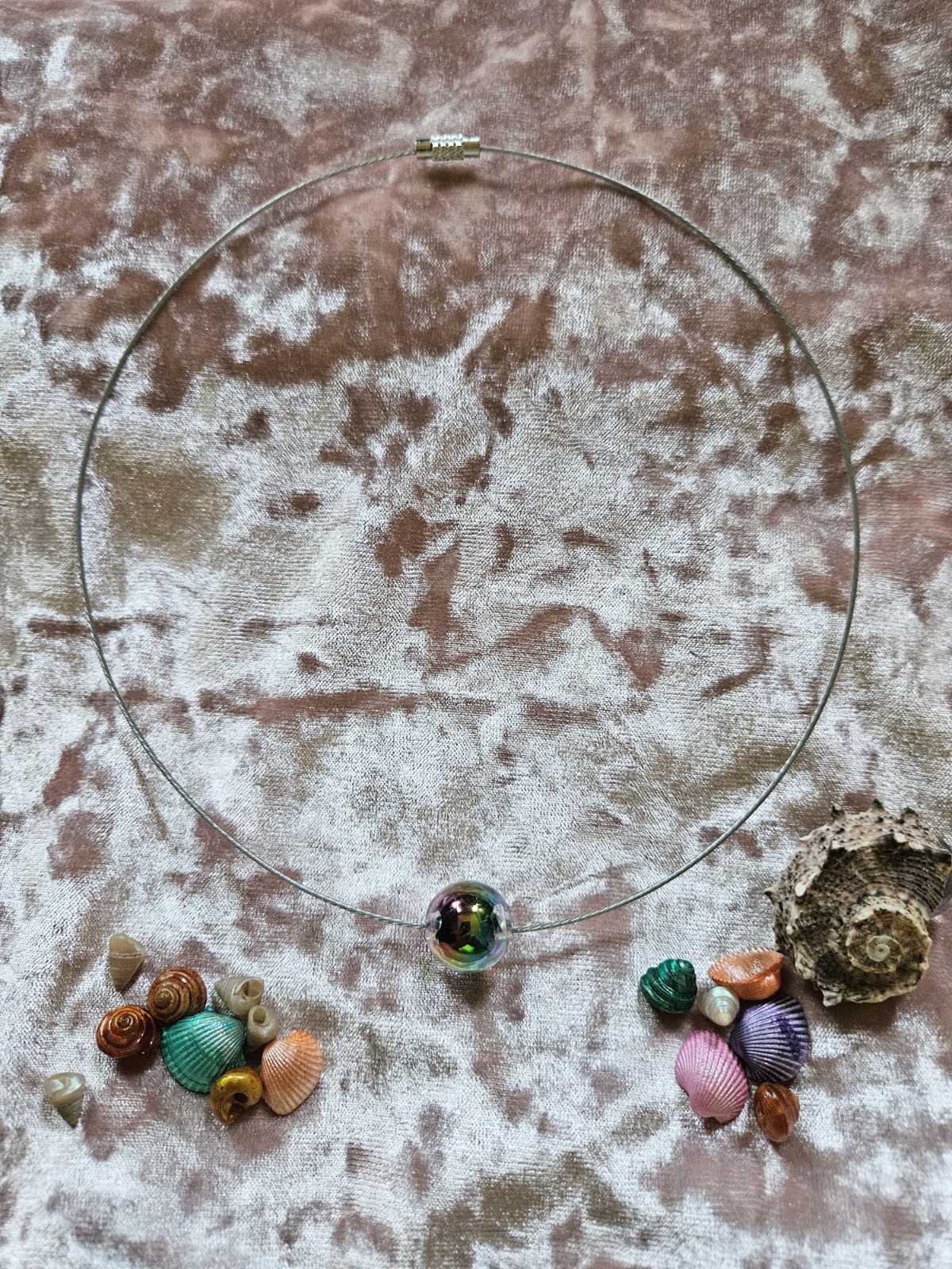 BigTimeRockShow Sea Treasure Single Elegant Iridescent Orb on Steel Collar