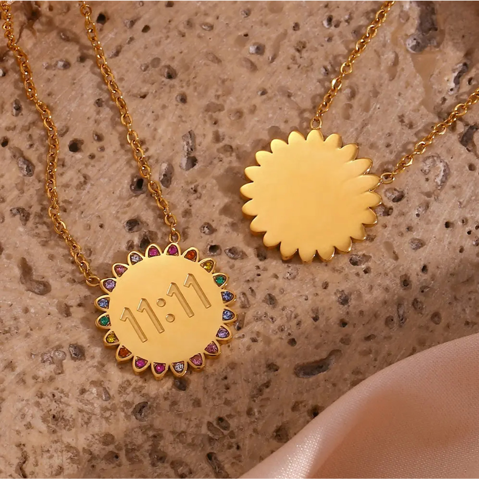 NEW Sunflower 11:11 Angel Number 18K Gold Plated Necklace Rainbow Crystals