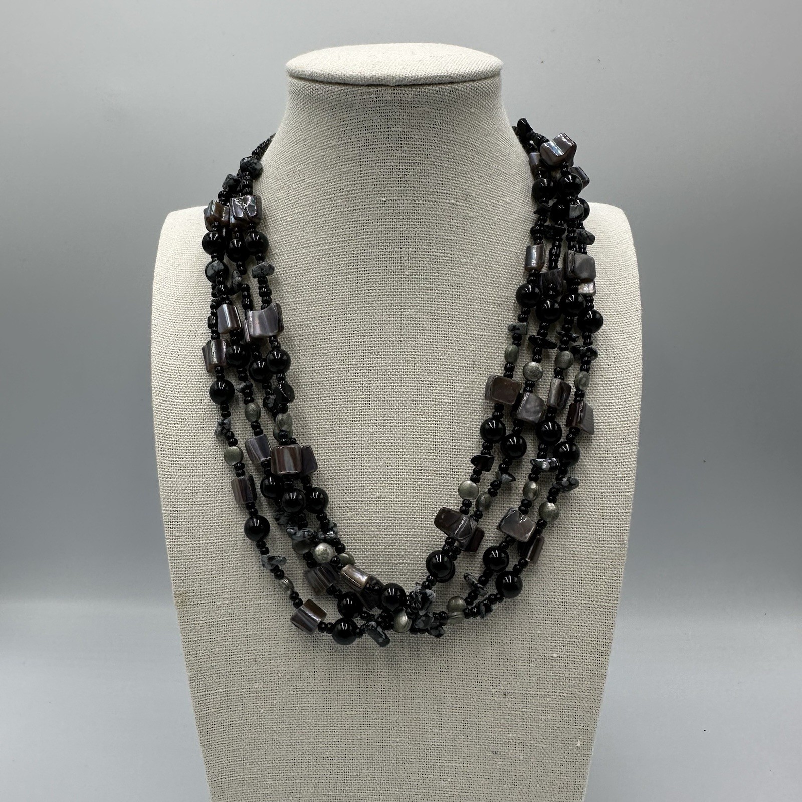 Shell Bead Necklace Multi Strand Black Grey Chunky Layered Jewelry 18 Inch