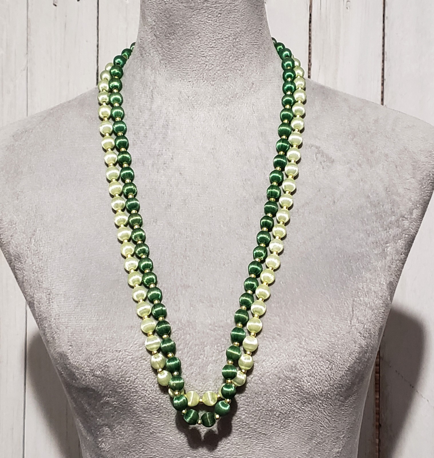 VTG Bead Necklaces Set of 2 Green Silk Satin Wrapped Boho Coquette Retro Artsy