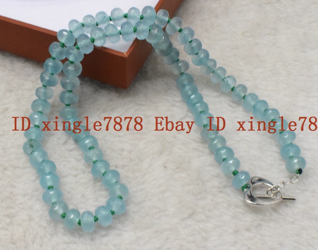 Pretty 5x8mm Faceted Blue Aquamarine Rondelle Gemstone Beads Necklace 20” AAA+