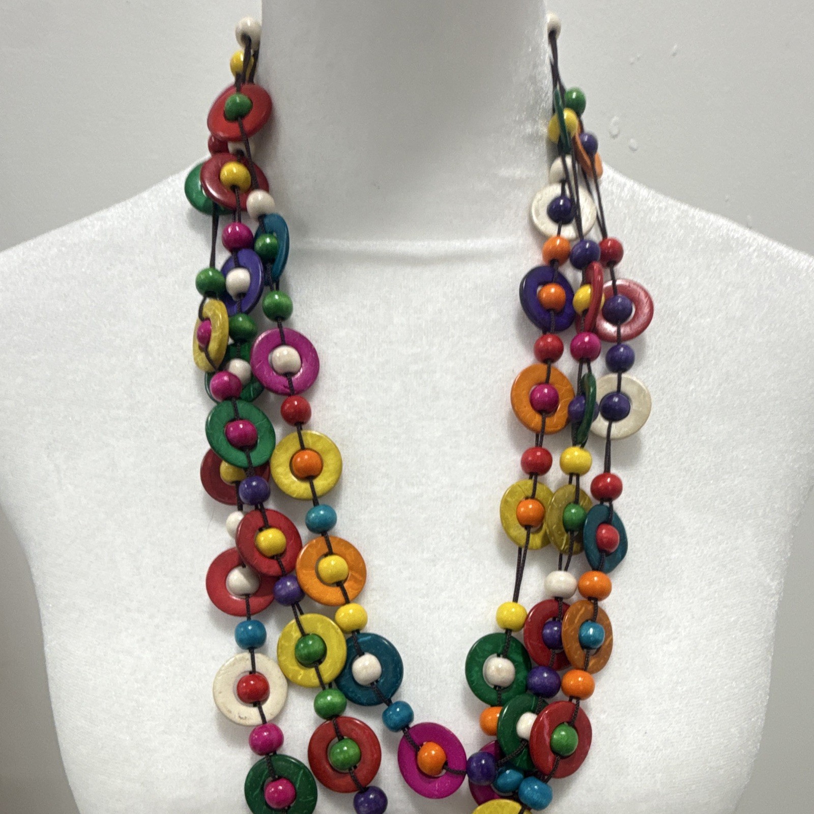 Multicolor Wood Beaded Statement Necklace Donut Pendant Cord Adjustable Slip