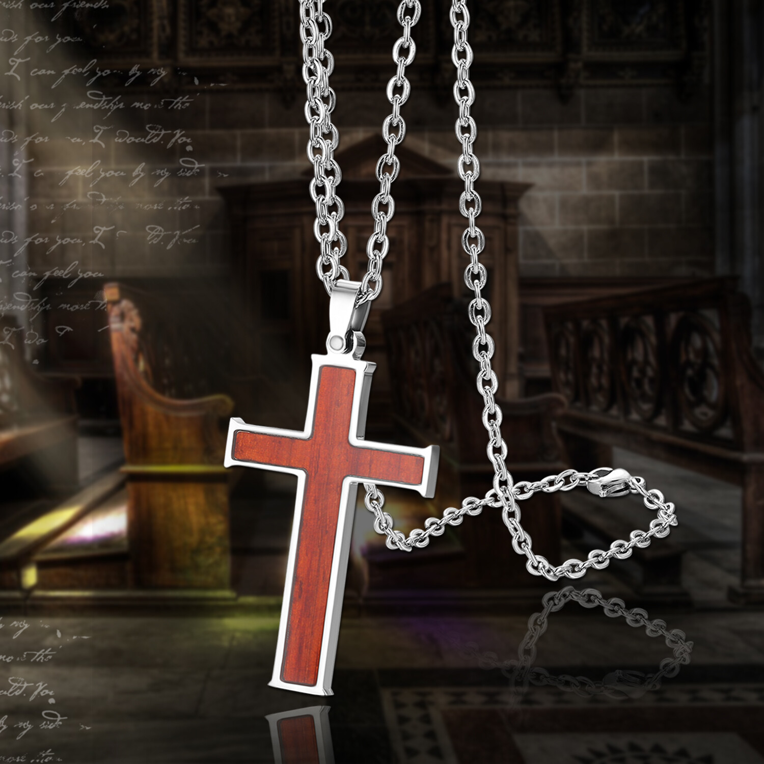 Men Women Stainless Steel Wooden Cross Pendant Chain Necklace Religious Prayer
