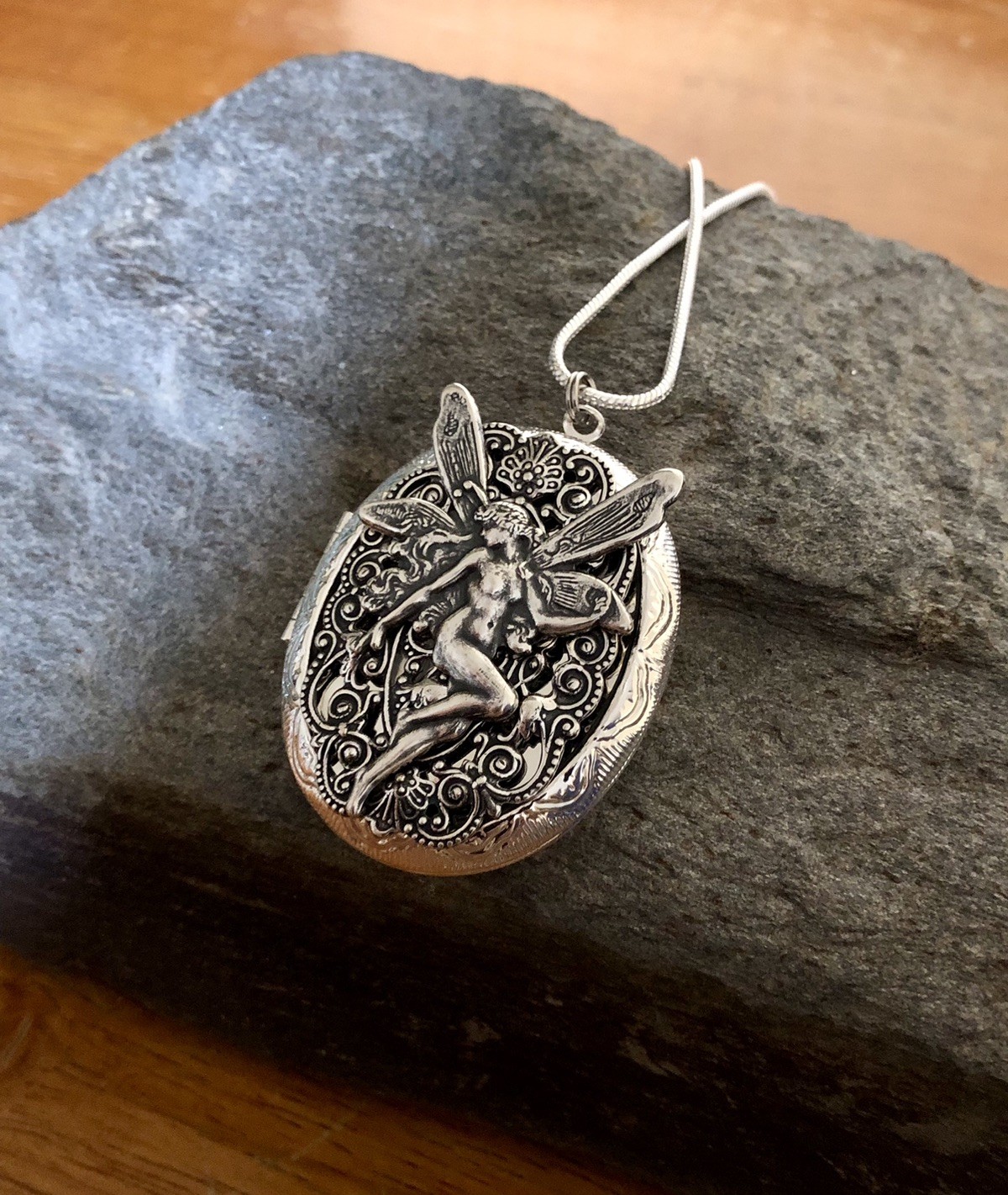 Fairy Locket Necklace, Photo Memorial Keepsake Pendant, Sterling Silver Chain