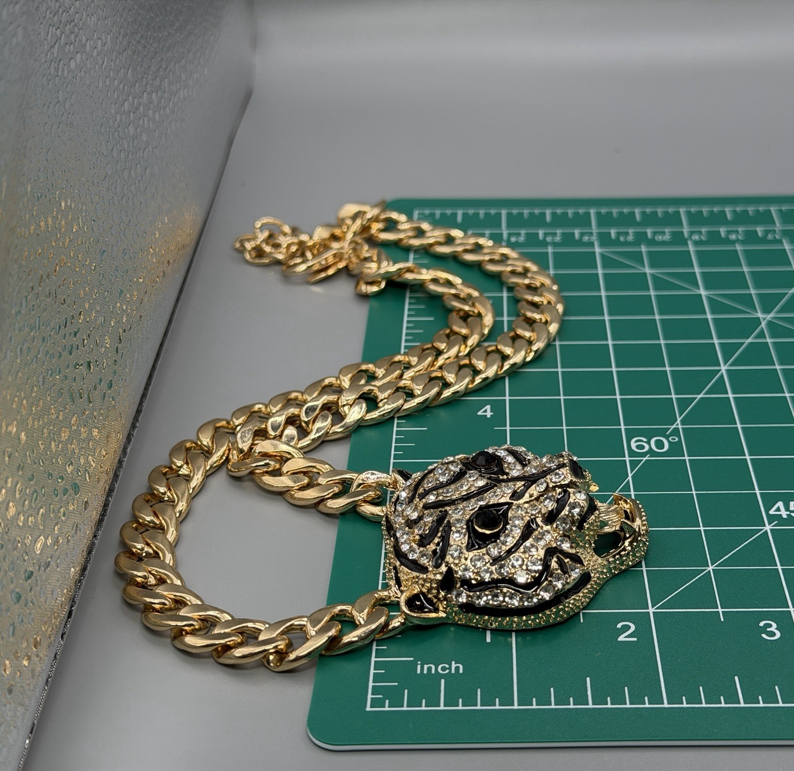Natasha Leopard Panther Necklace Gold Tone Rhinestone Black Enamel Statement