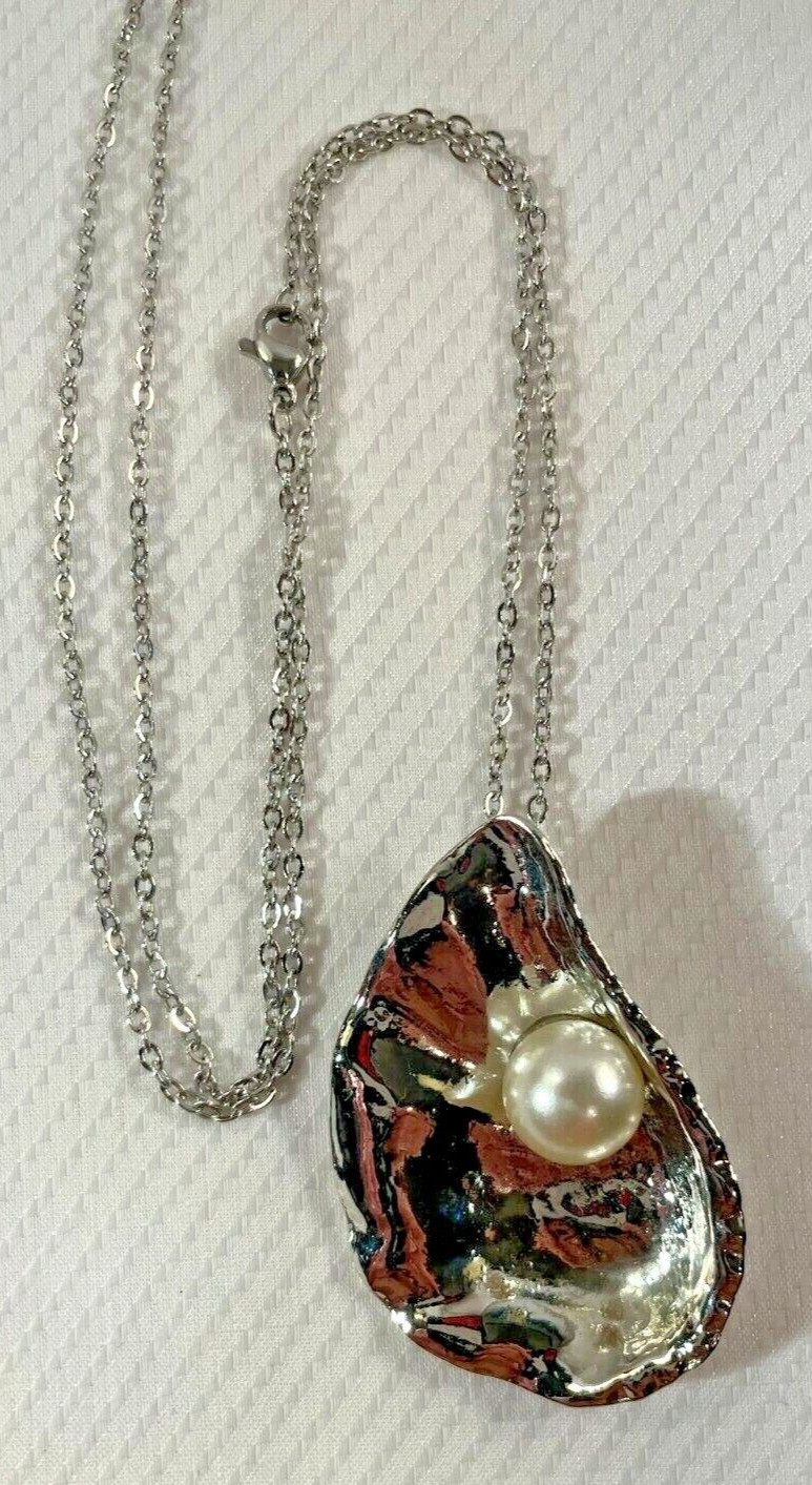 Oyster Shell Silver Necklace 30″ Stainless Chain Sea Coastal Jewelry NEW
