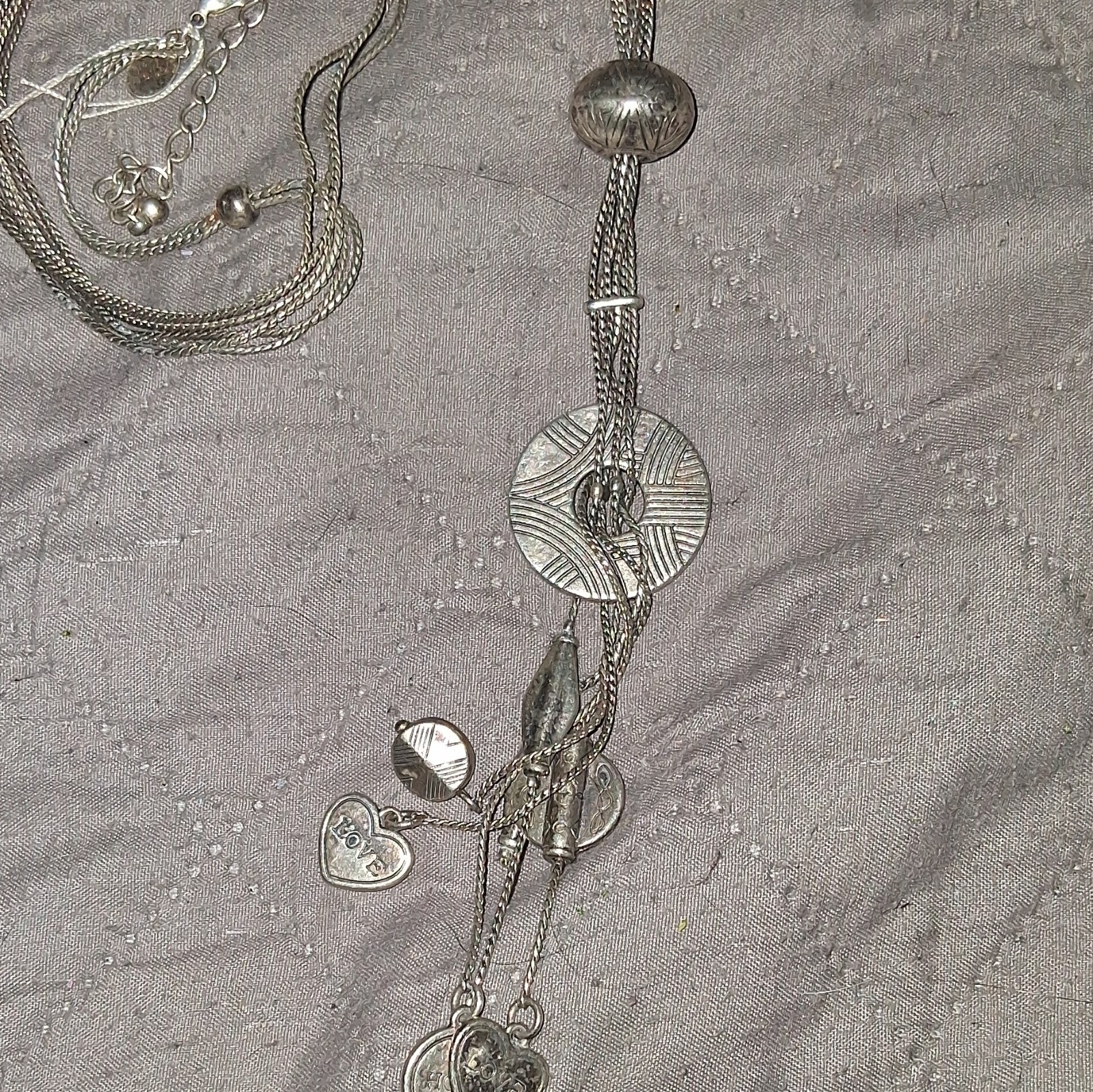 Silver Tone Multi-Strand Herringbone Necklace Heart/Disc Charms Adj