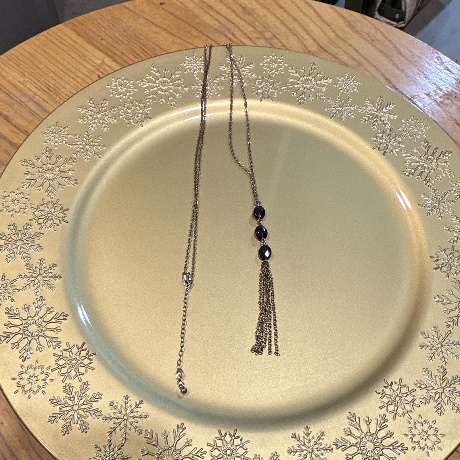 Gold Tone Cable Chain Necklace Purple Bead Tassel Pendant Lobster Adjustable