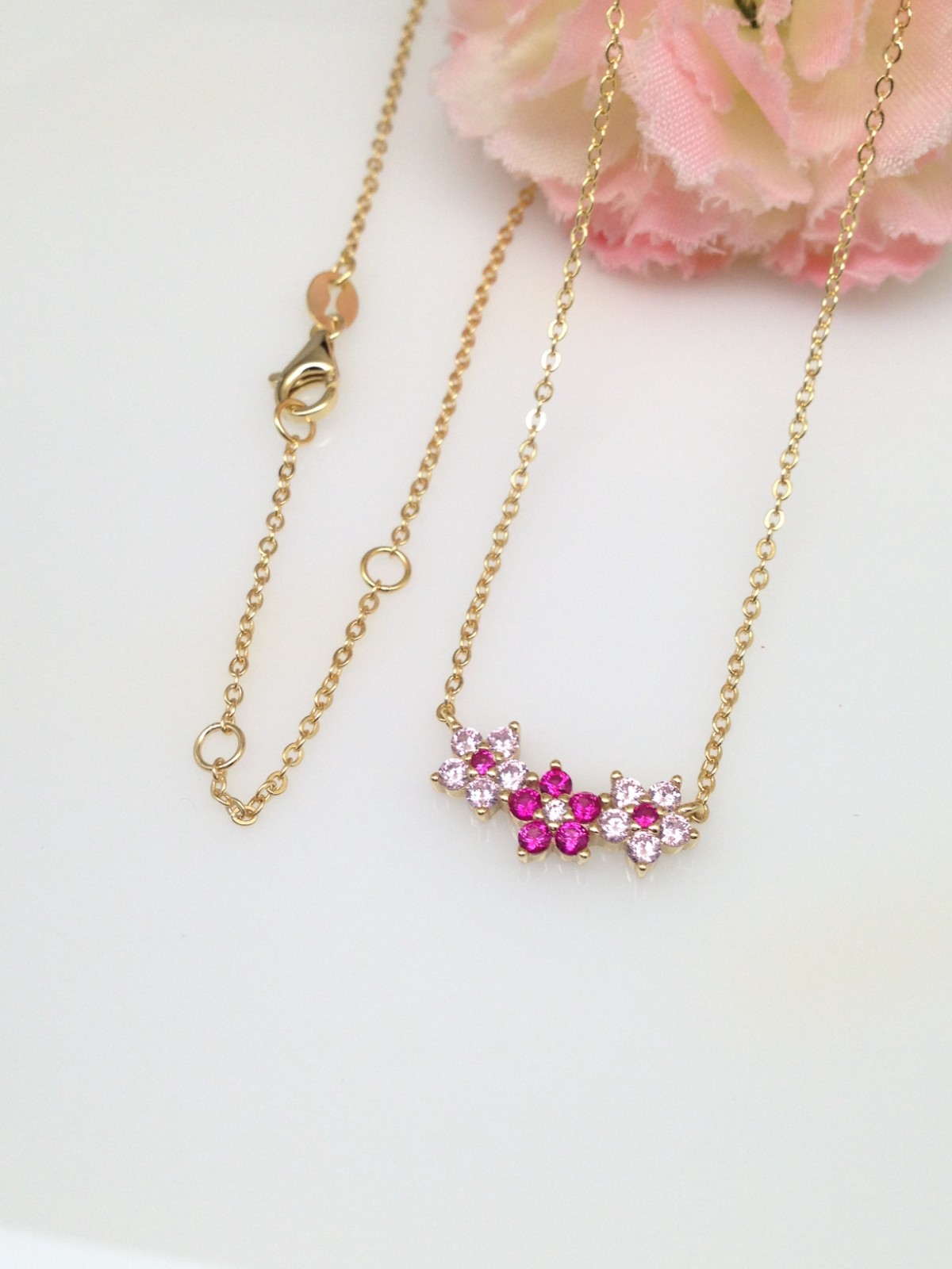 925 Sterling Silver CZ Pink Flower Pendant Gold Necklace Three Flower 16mm 17.5″