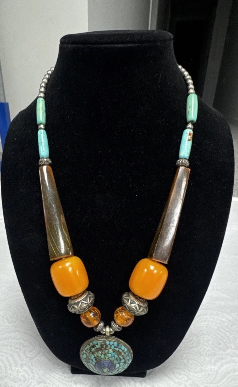 Vintage Bohemian Multi Color Necklace Tibetan Resin Amber with Turquoise Pendant