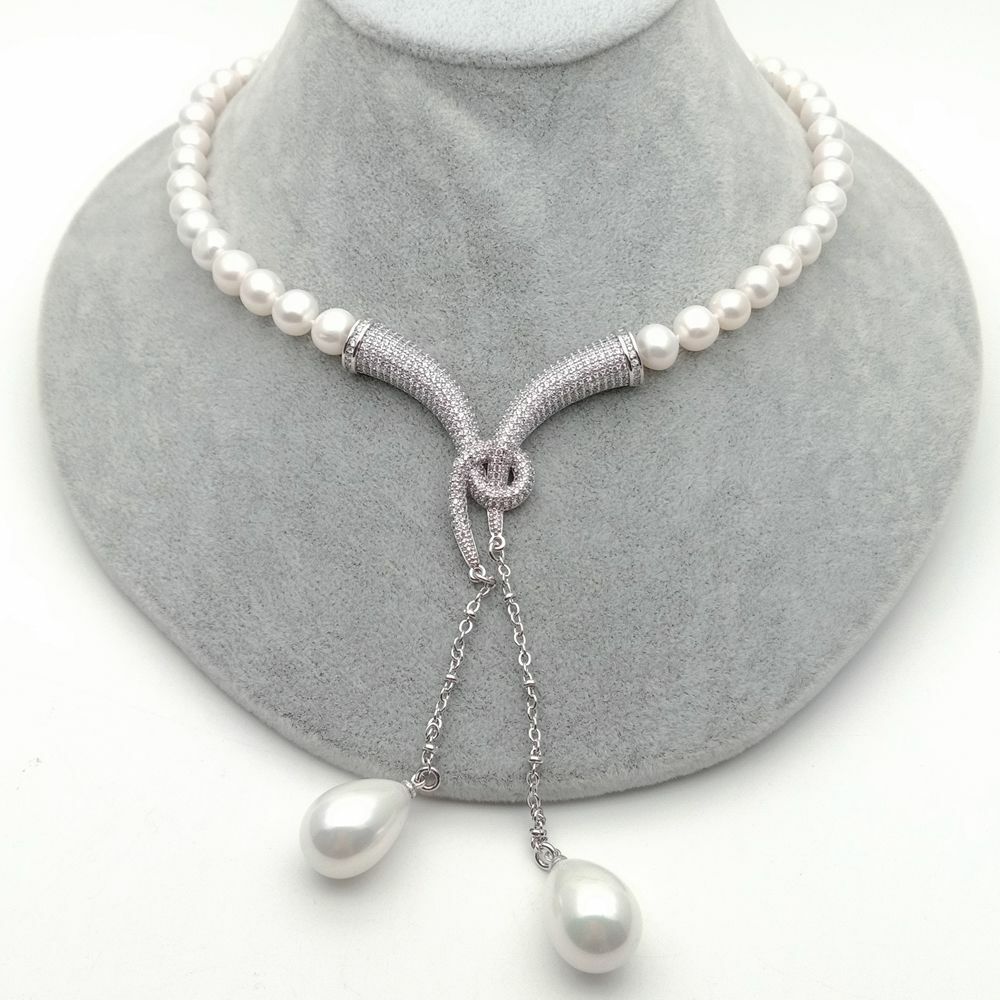 Cultured White Pearl Necklace White Sea Shell Pearl cz pave Pendant 20″