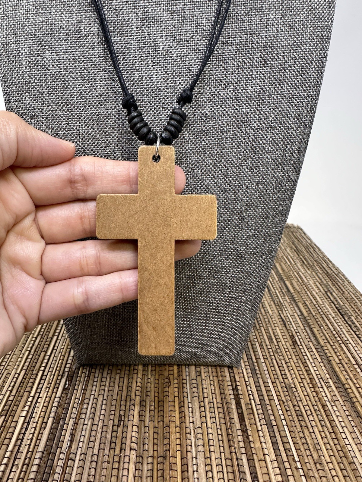 Wooden Cross Necklace 3in Brown Pendant Adjustable 16‑30in Sliding Knots Unisex