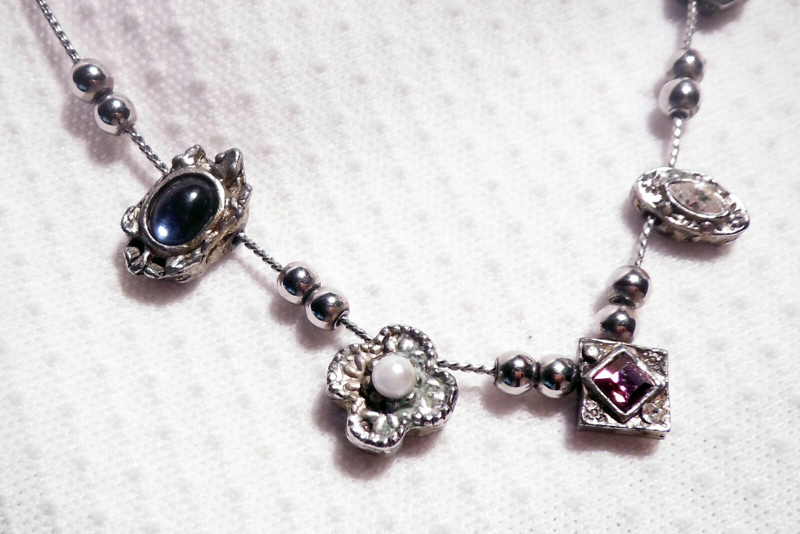 SILVER COLOR NECKLACE ~ VARIOUS COLORED STONES IN DIFFERENT SHAPES.