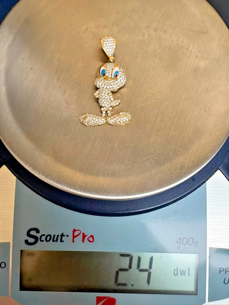 10Kt Iced-Out Tweety Bird Pendant with Cubic Zirconia Stones