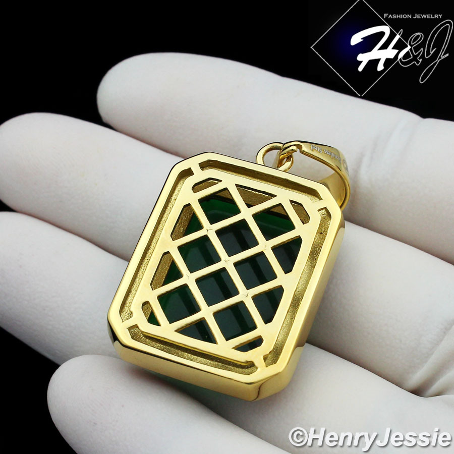MEN’s Stainless Steel Green Rhinestone Gold Plated Charm Pendant*GP103