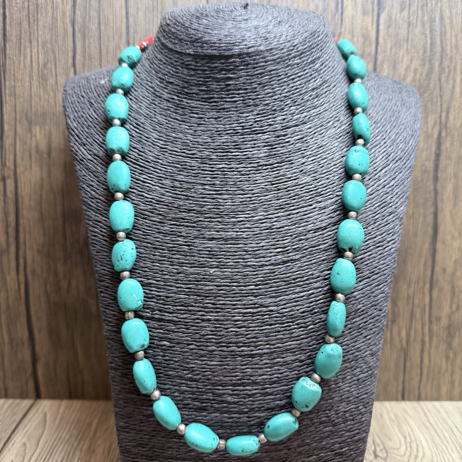 RETRO Turquoise & Coral Colour Beaded Necklace 60cm Adj. Kitsch Pretty Boho