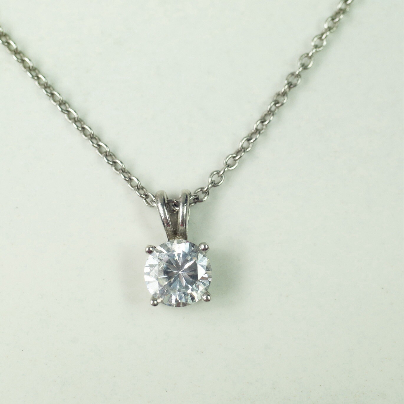 Sterling Silver Cable Chain Clear Colorless Round CZ Pendant Necklace