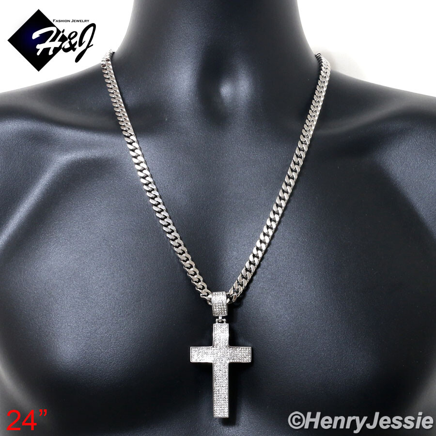 18″-40″MEN Stainless Steel 7mm Silver Miami Cuban Chain ICY CZ Cross Pendant*I21