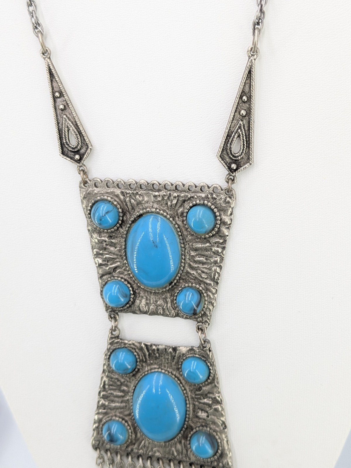 Vintage Fringe Pendant Necklace Faux Turquoise Silver Tone SW Boho 29in Tribal