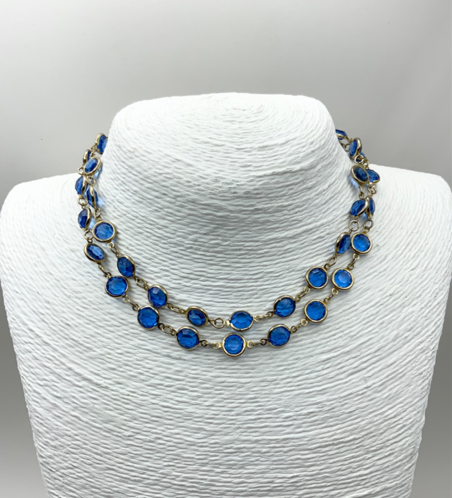Vintage Blue Bezel Edge Necklace Gold Tone Metal Glass Beads 74cms