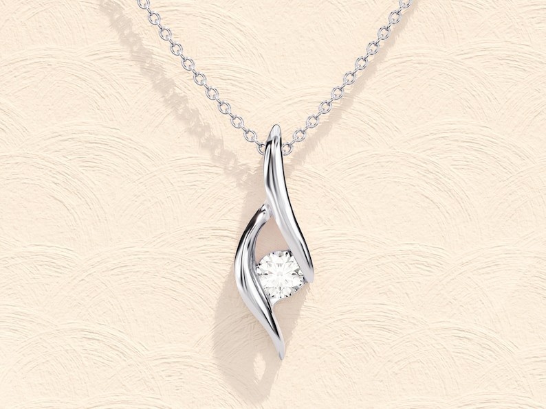 0.10 CT Round Moissanite 14K Gold Solitaire Wave Pendant Necklace For Her
