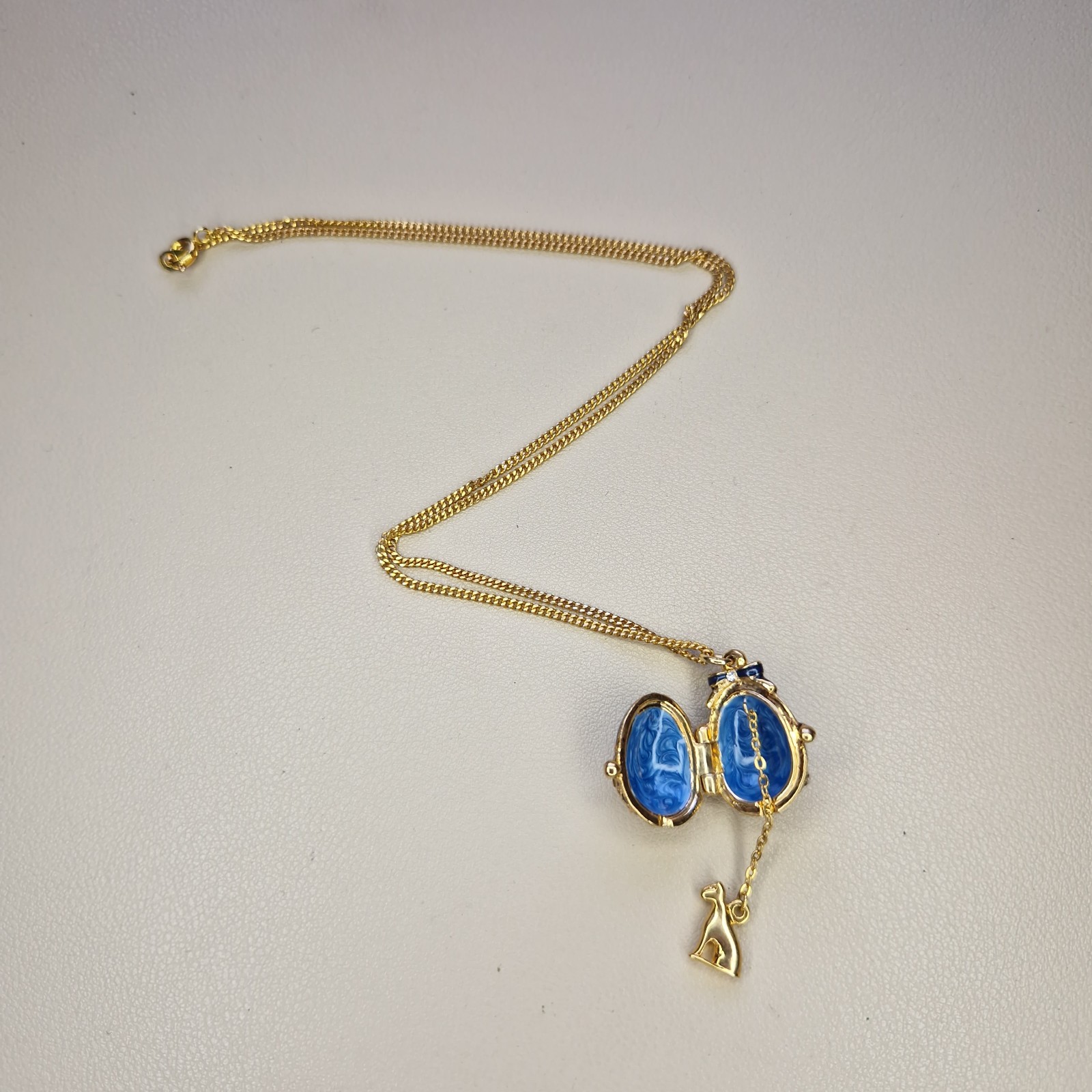 Enamel Easter Egg Locket Necklace Dangly Hidden Charm Sphix Jeweled Louvre 46cm