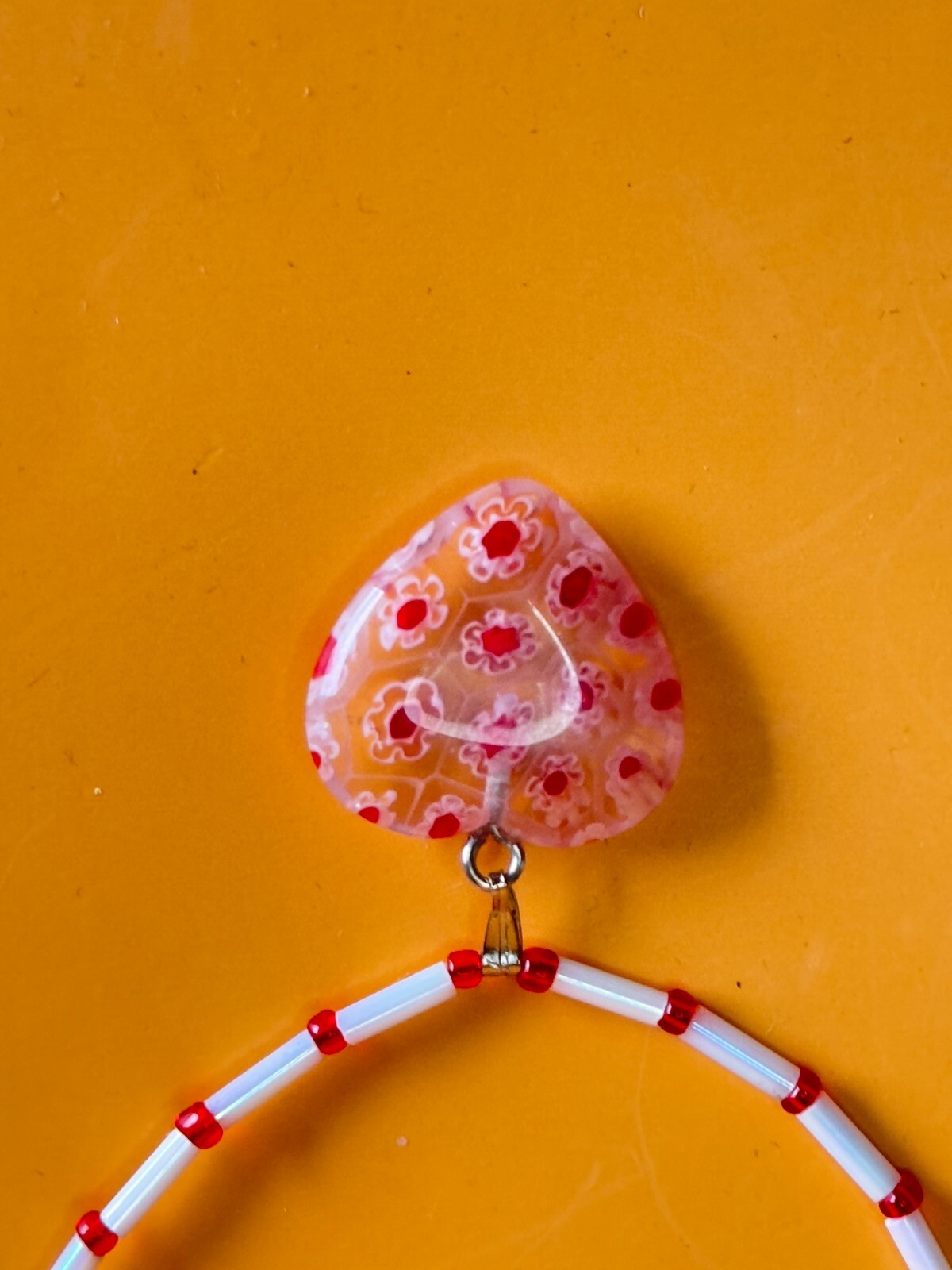 Valentine Heart Glass Beaded Red White Artisan Lots of Hearts Necklace 17″
