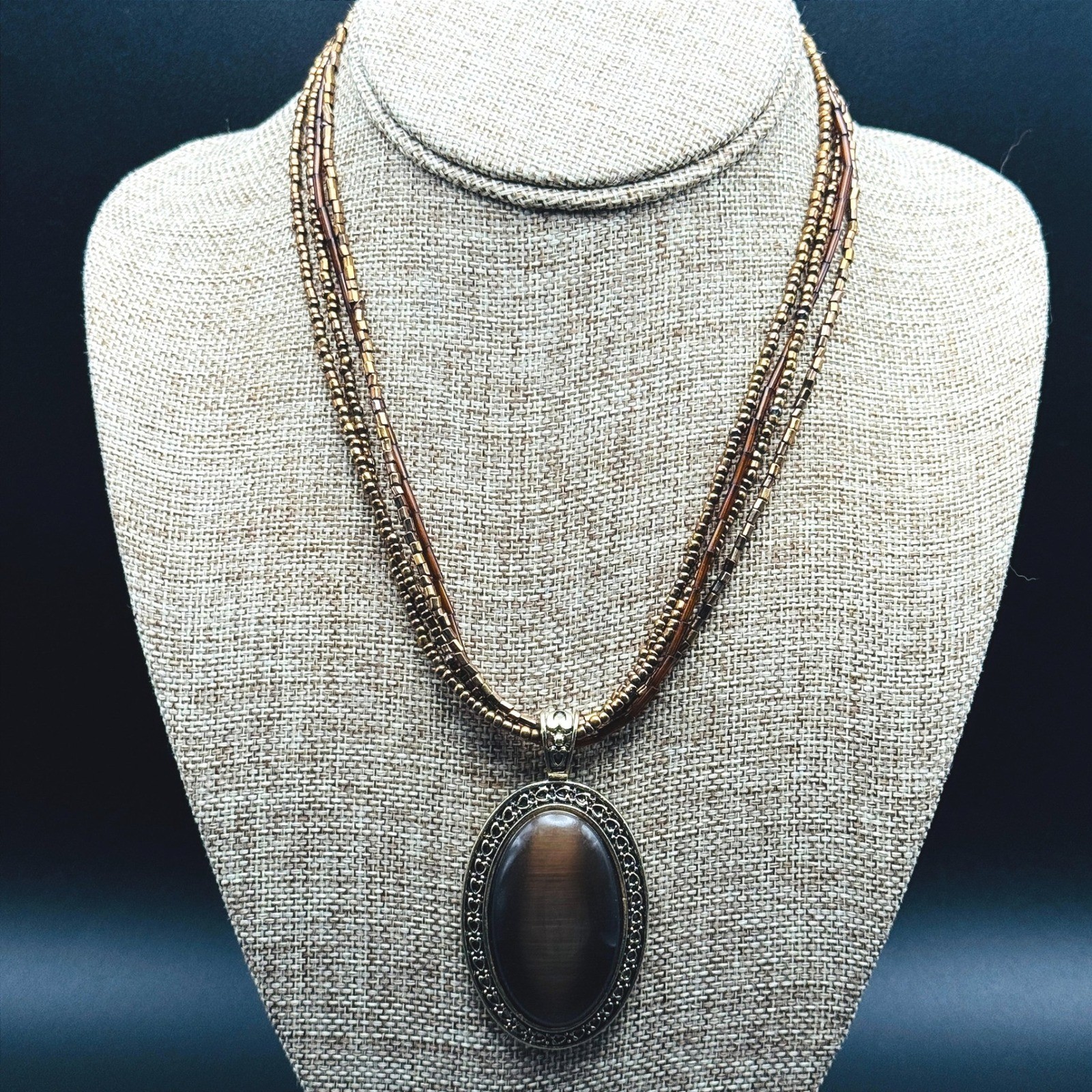 Brown Cats Eye Pendant Multi Strand Seed Bead Necklace Bronze Gold Boho Bohemian