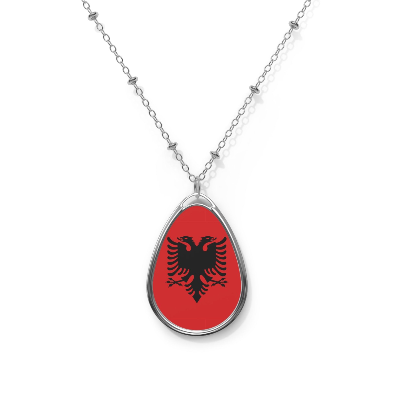 Albania Flag Oval Necklace – Albanian Pride Jewelry – One Size / Silver