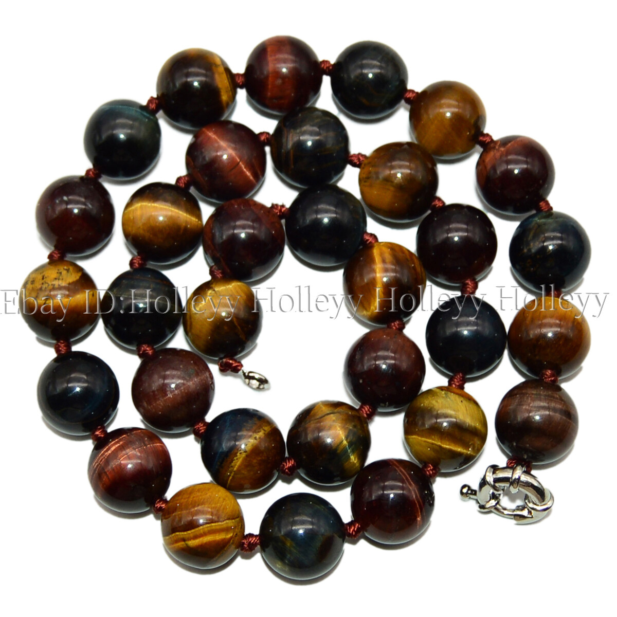 12mm Round Genuine Natural Multicolor Tiger’s Eye Gemstone Beaded Necklace 24”