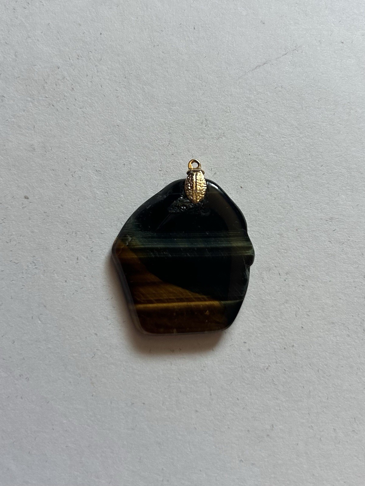 Tiger’s Eye Hexagon Amulet Pendant Brown Black Gemstone Gold-Tone Bail