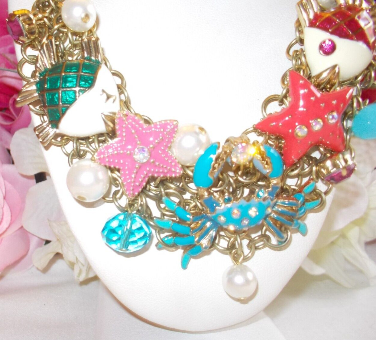 BETSEY JOHNSON LOVELY SEA LIFE CRYSTAL AND ENAMEL MULTICHARM STATEMENT NECKLACE