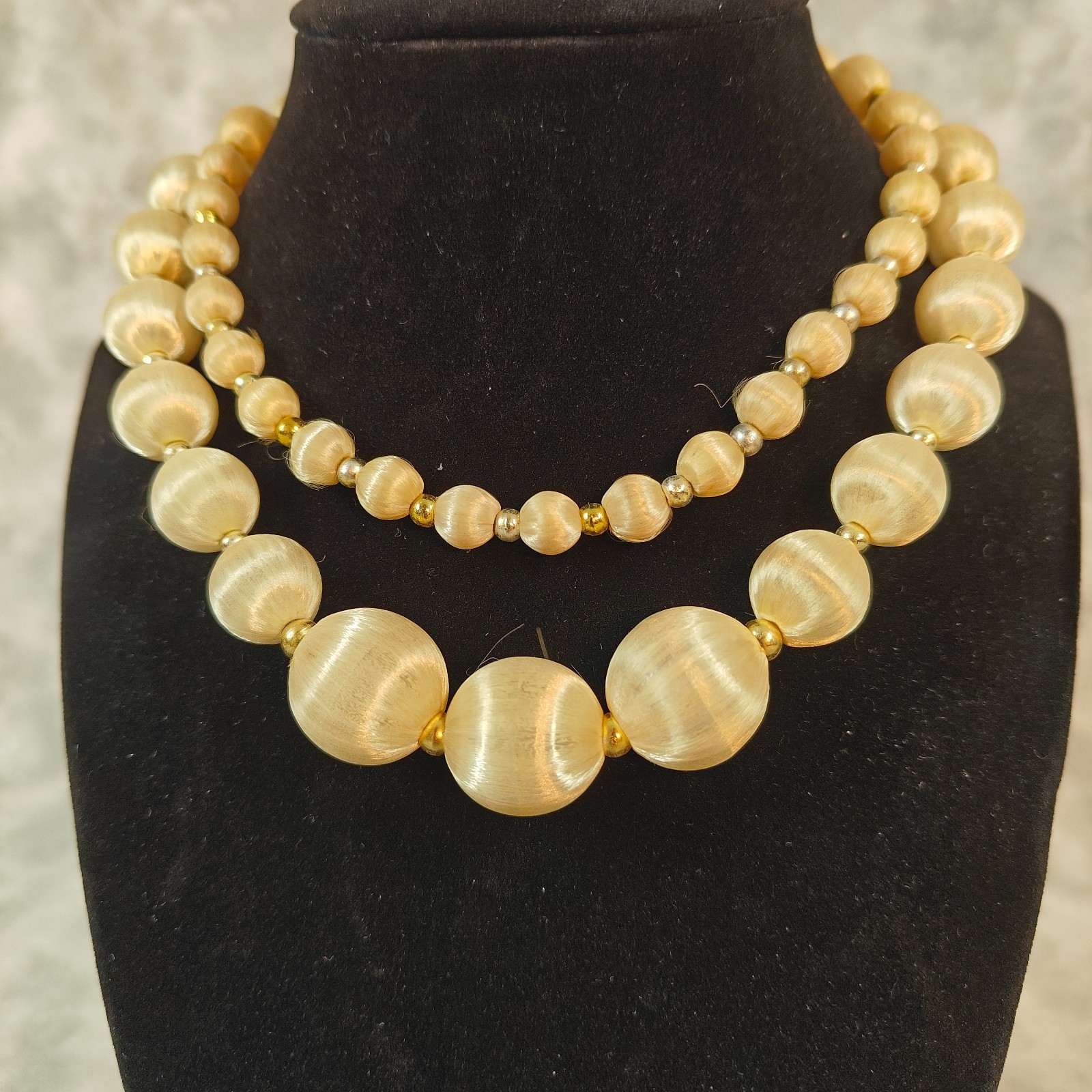 1950s Pale Champagne Satin Silk Wrapped Bead Necklace 30″ Strand Vintage Jewelry